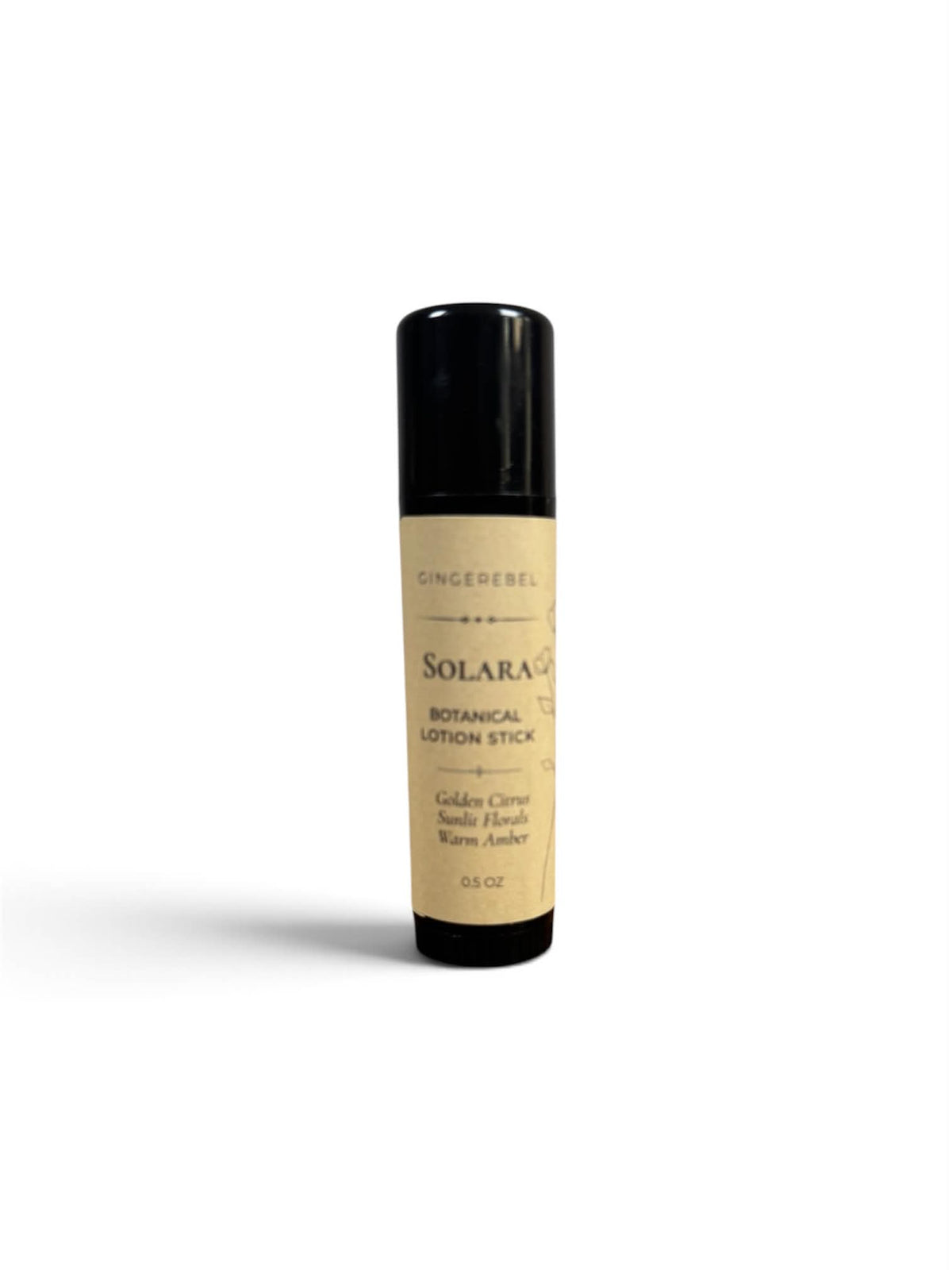A single cylindrical lotion stick tube standing upright on a white background. The tube has a black cap and base with a beige label reading 'SOLARA' and 'Botanical Lotion Stick'