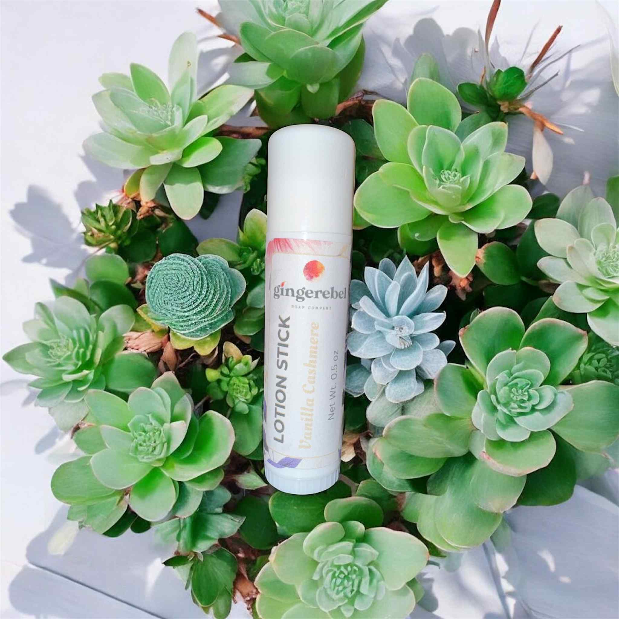Lotion stick on a bed of succulents in the scent Vanilla Cashmere, with gingerebel branding.