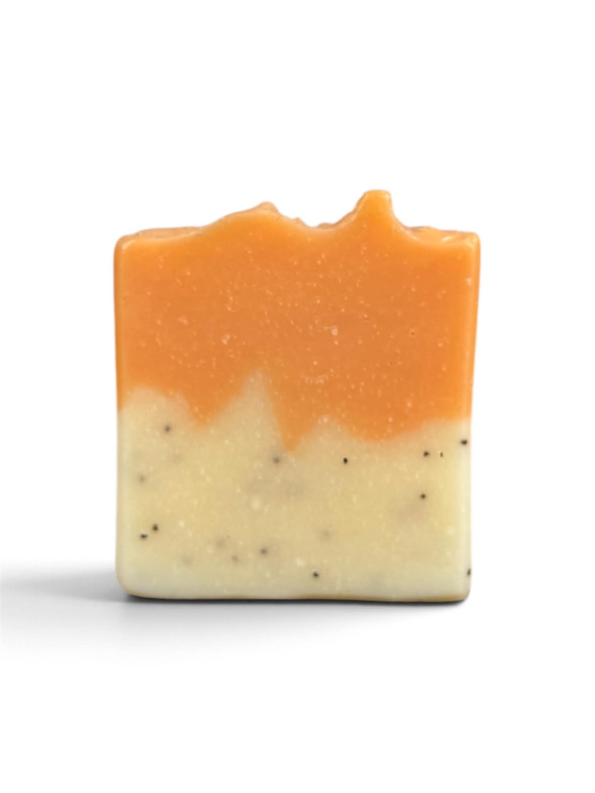 1 bar of soap with white on the bottom with black poppyseeds and orange on top. 