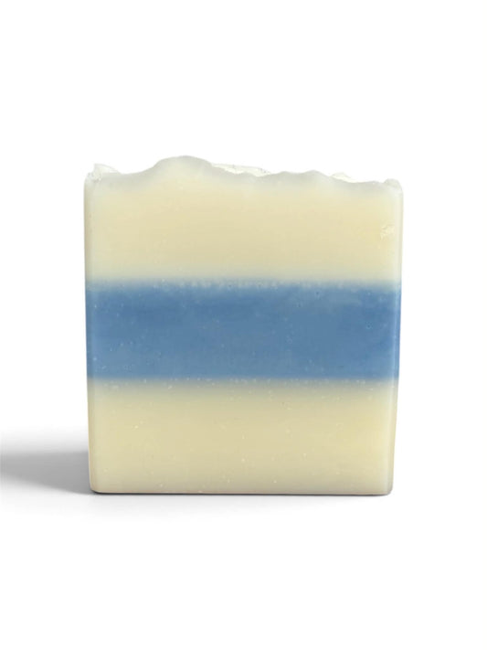 1 bar of white soap with a blue stripe in the middle. 