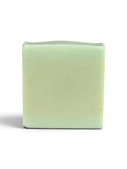 A single rectangular bar of pale mint green soap standing upright on a white background.
