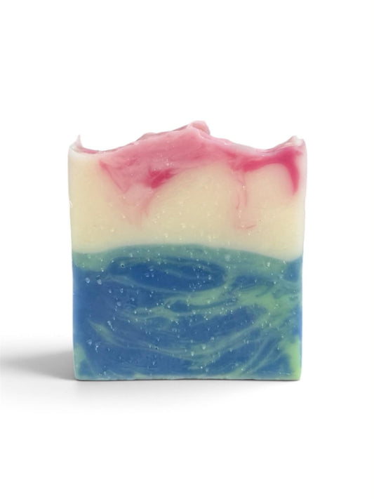 1 bar of soap with blue and green swirls on the bottom and white and pink swirls on the top. 