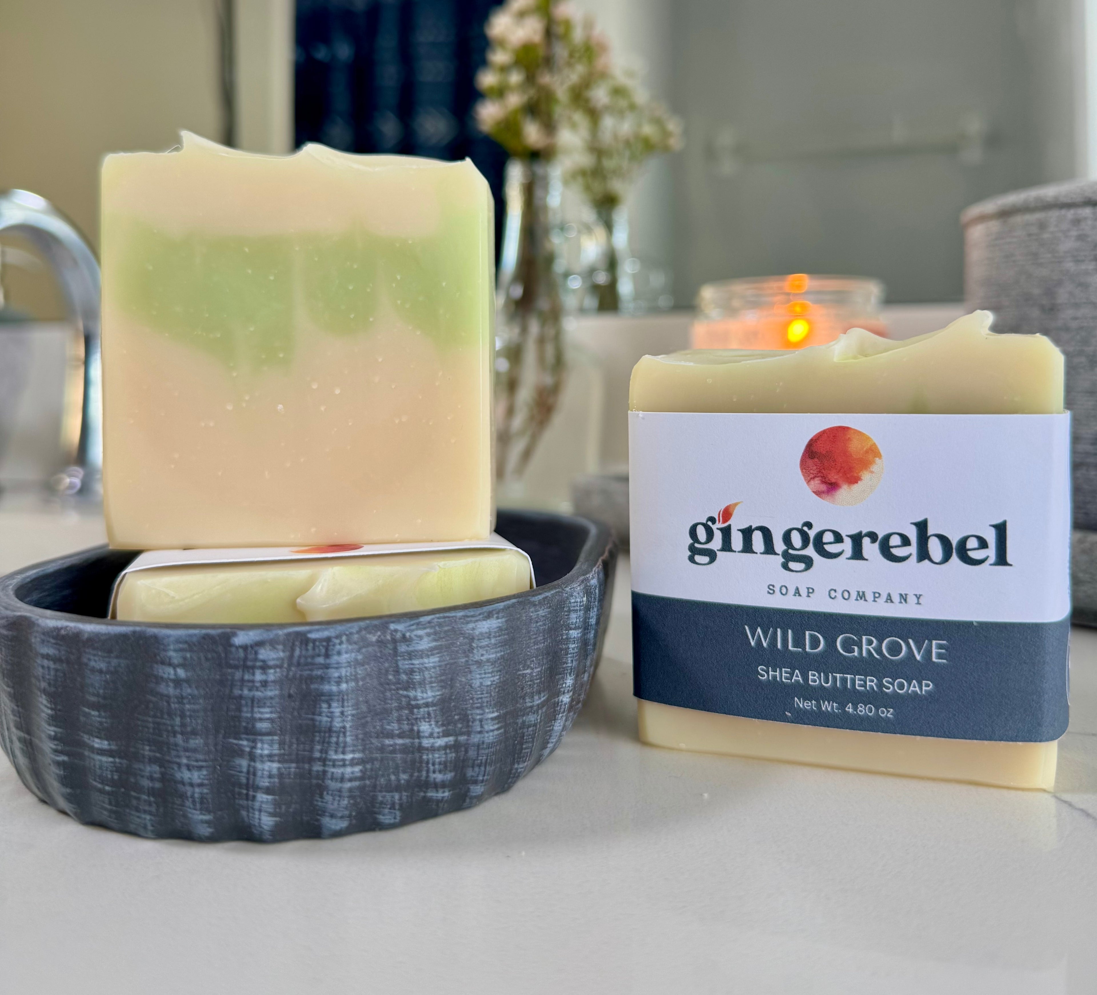 Bar soap with 'gingerebel' branding on a bathroom counter.