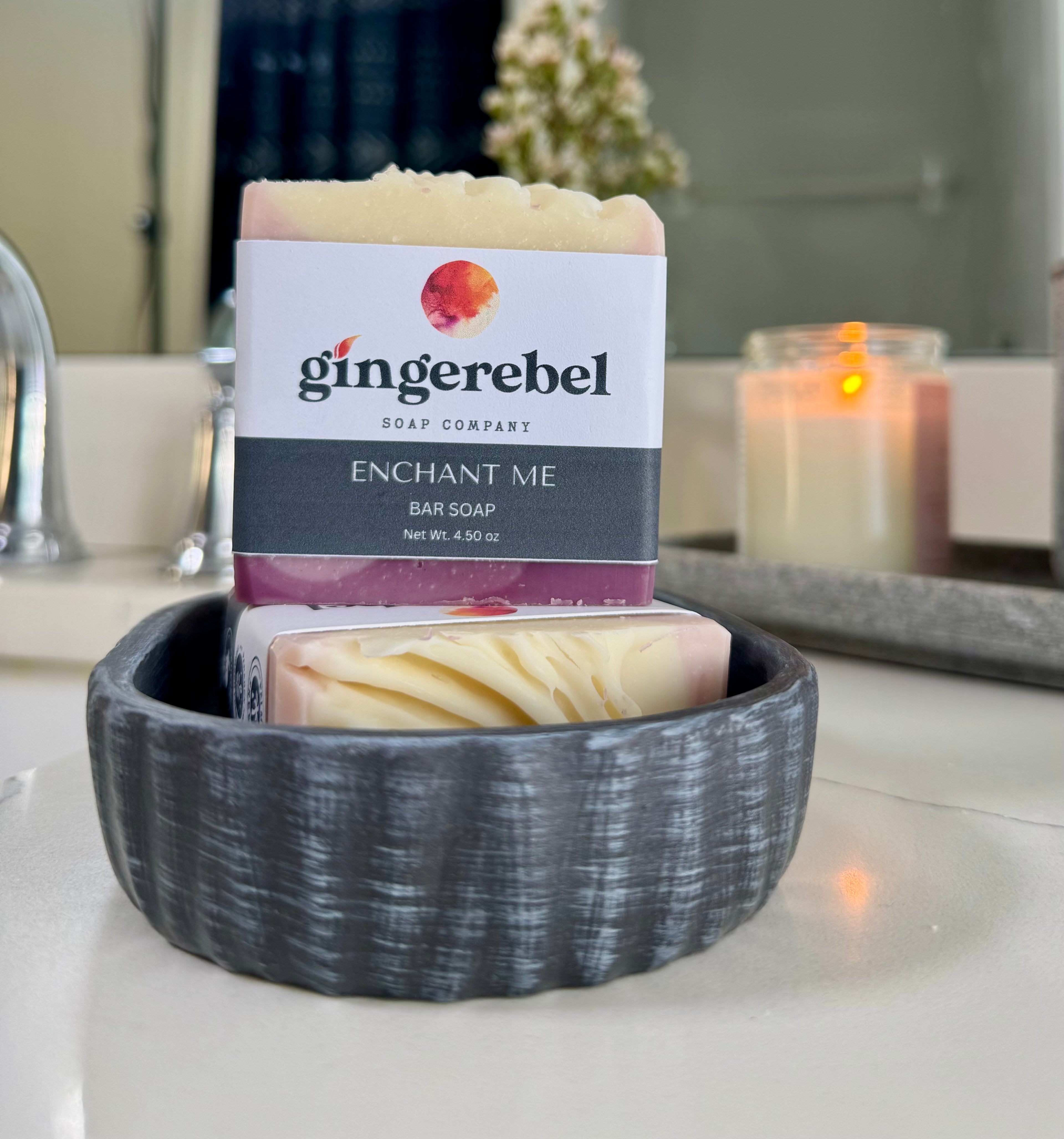 Gingerebel soap bar in a decorative bowl with a blurred background