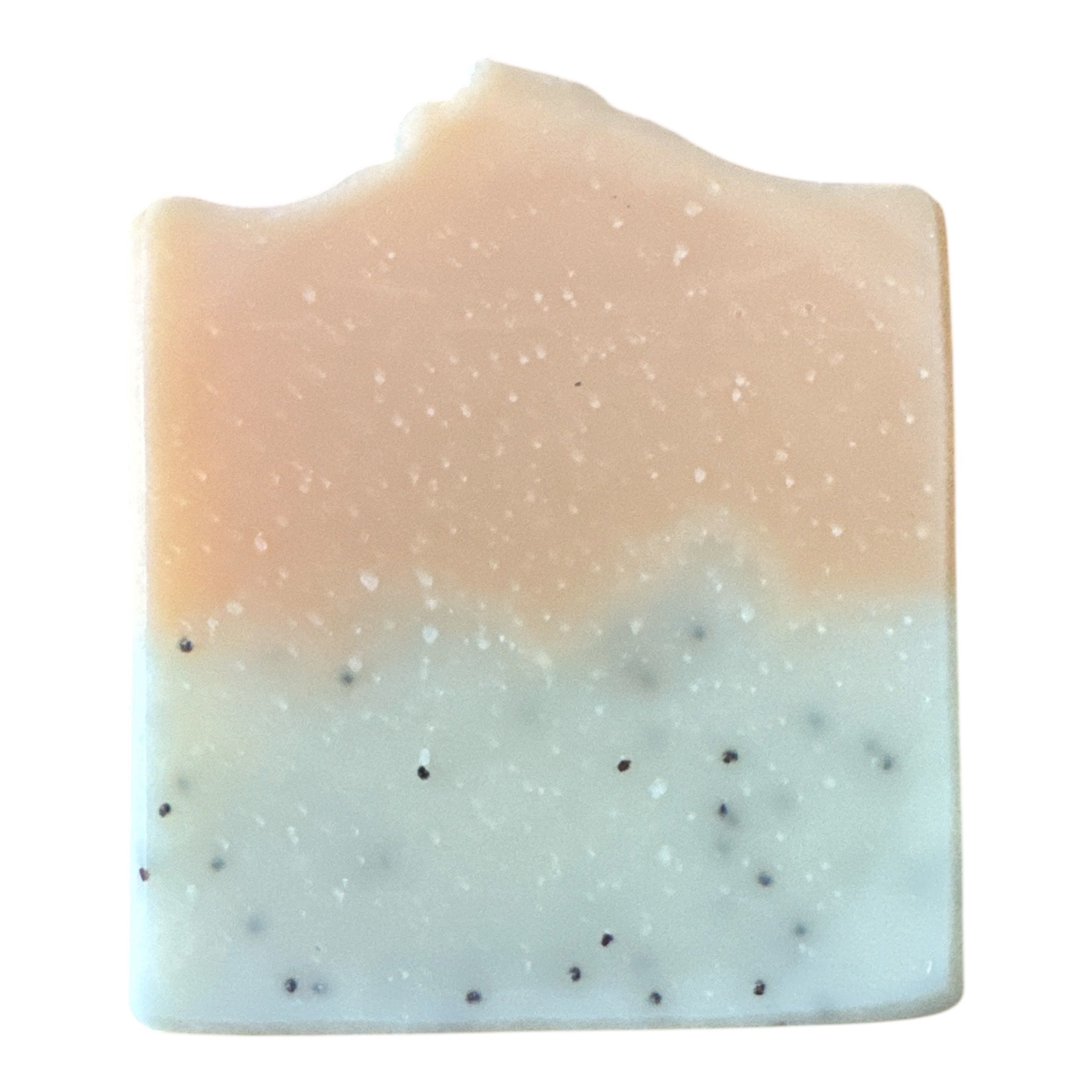 a 2 toned exfoliating bar soap with orange and cream. 