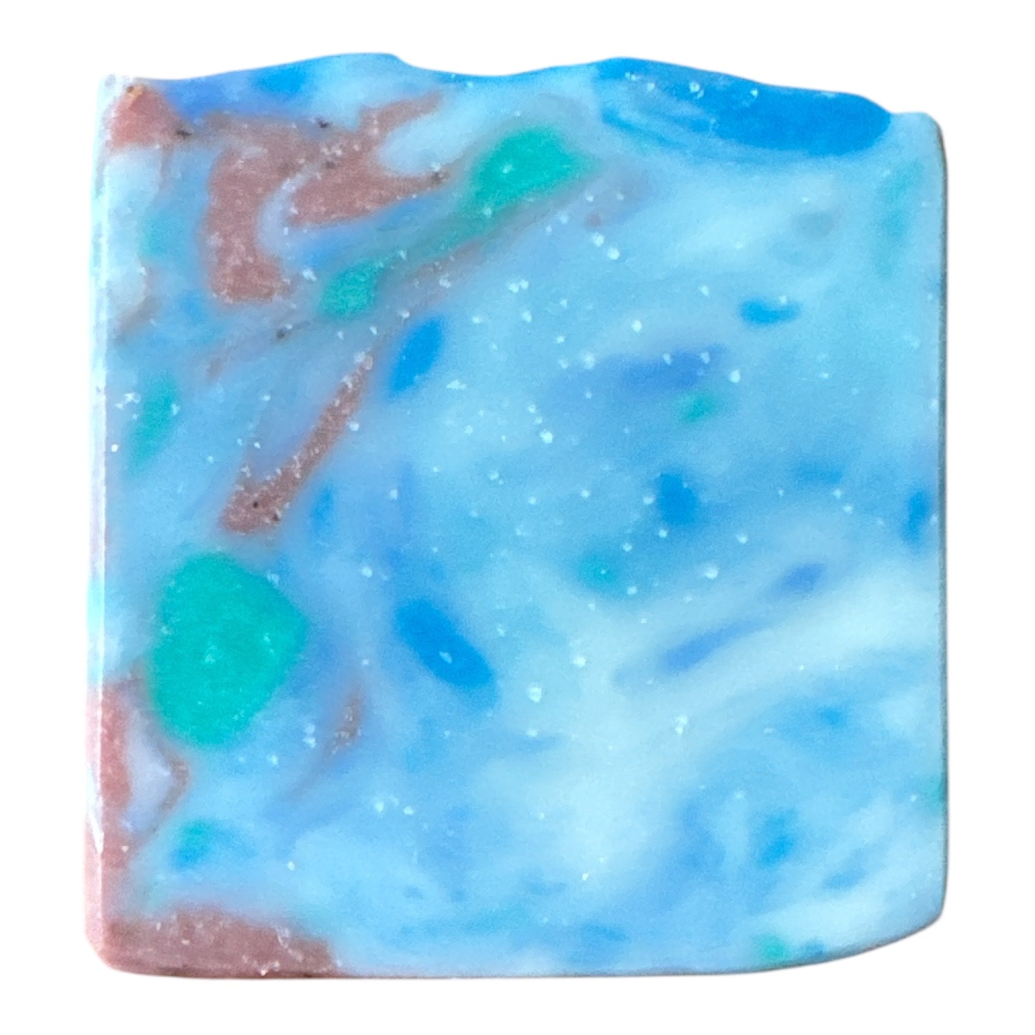 Colorful soap bar with blue, green, and brown swirls on a white background
