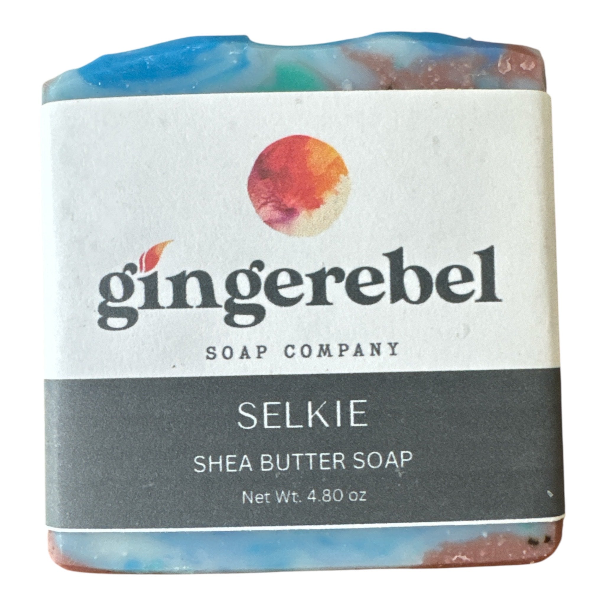 Bar soap in Selkie, with gingerebel branding on a white background. 