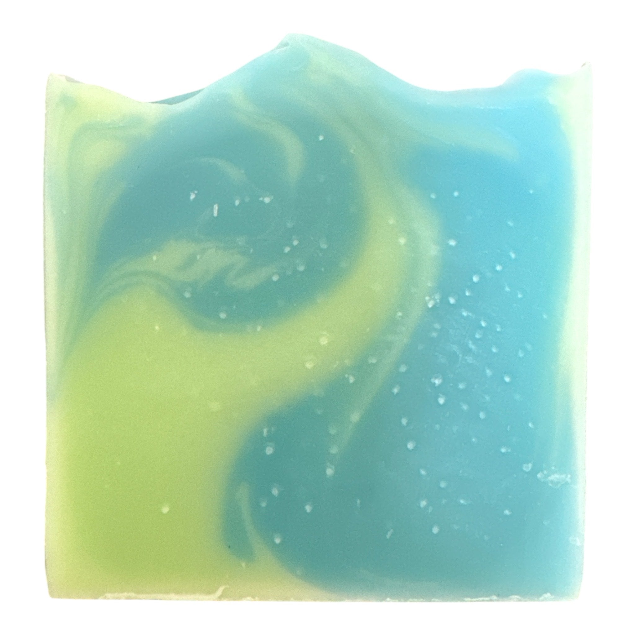 Swirl patterned bar of soap with green and blue colors on a white background