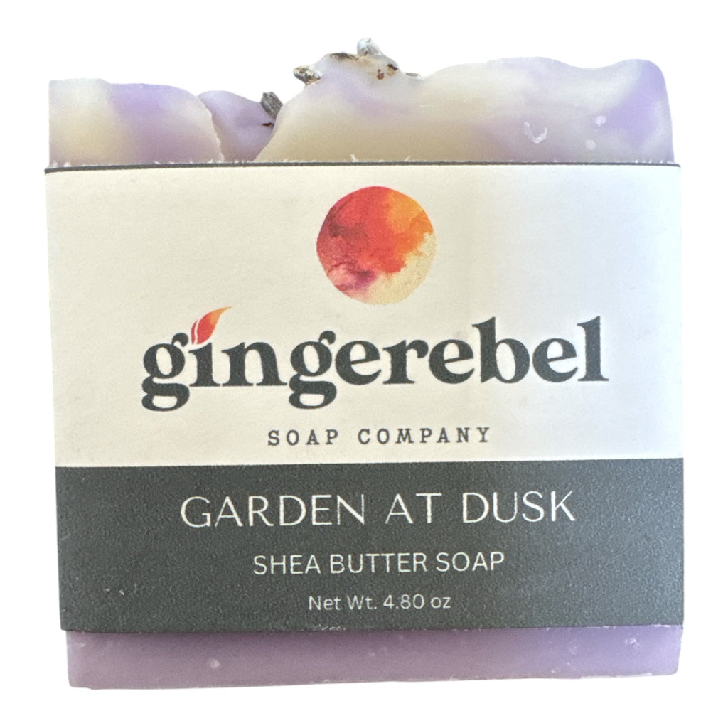 Bar soap in garden at dusk scent, with gingerebel branding on a white background. 