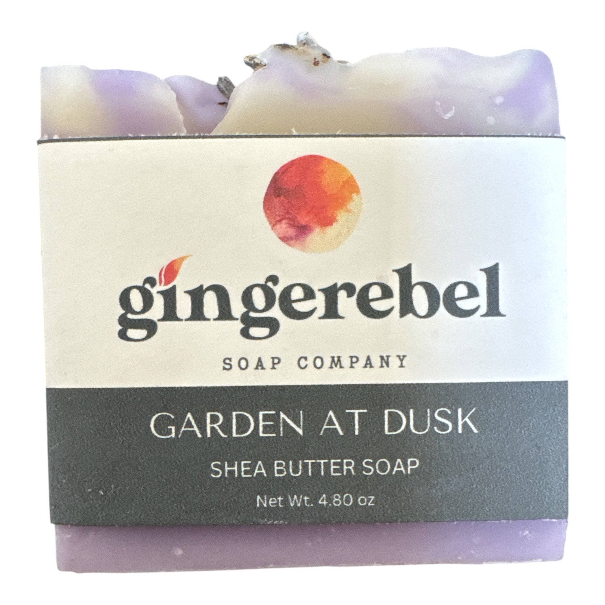 Bar soap in garden at dusk scent, with gingerebel branding on a white background. 