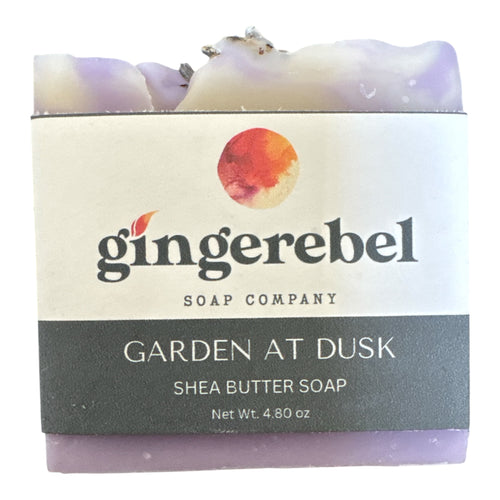 Bar soap in garden at dusk scent, with gingerebel branding on a white background. 