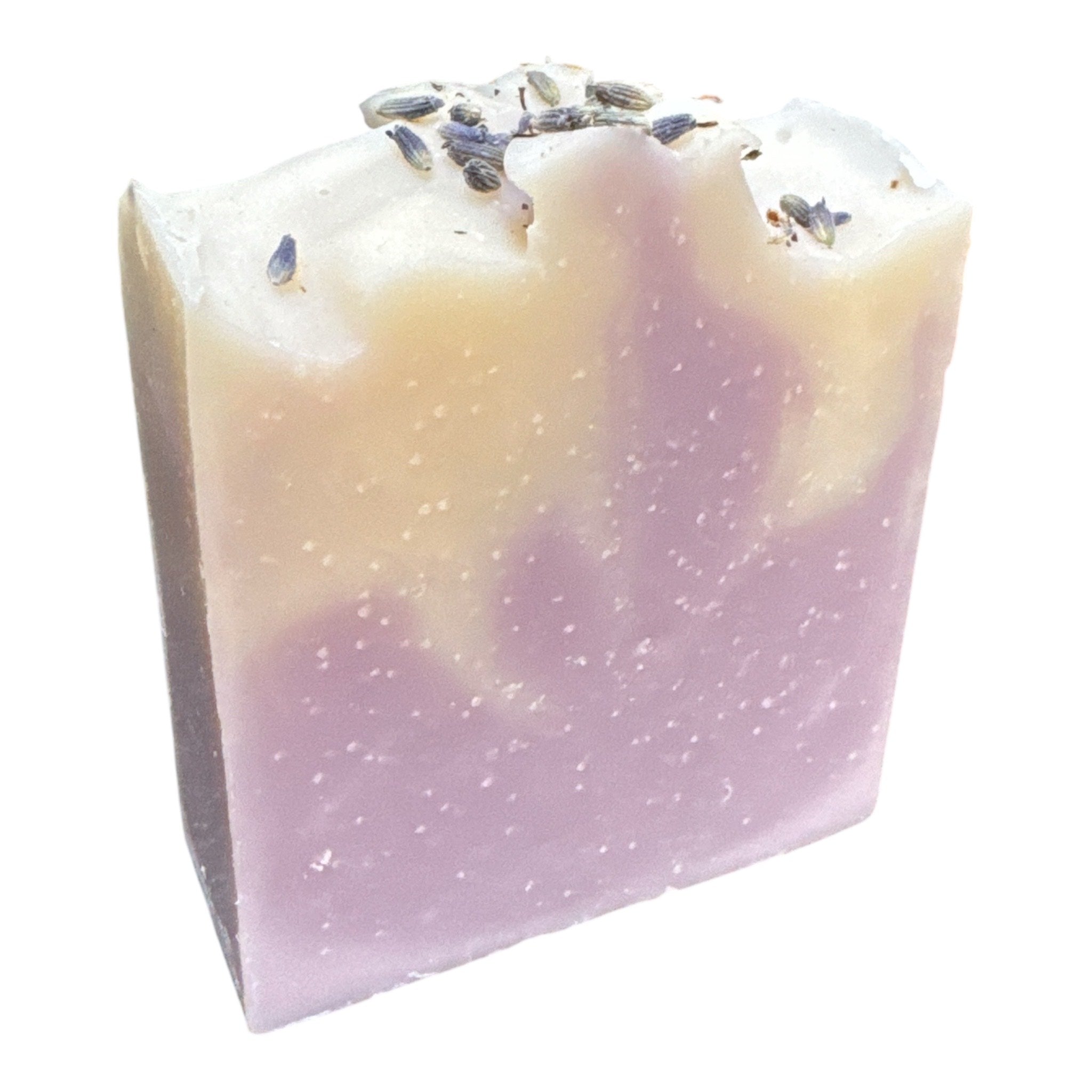 A bar soap with a gradient from white to purple, topped with lavender flowers on a white background.