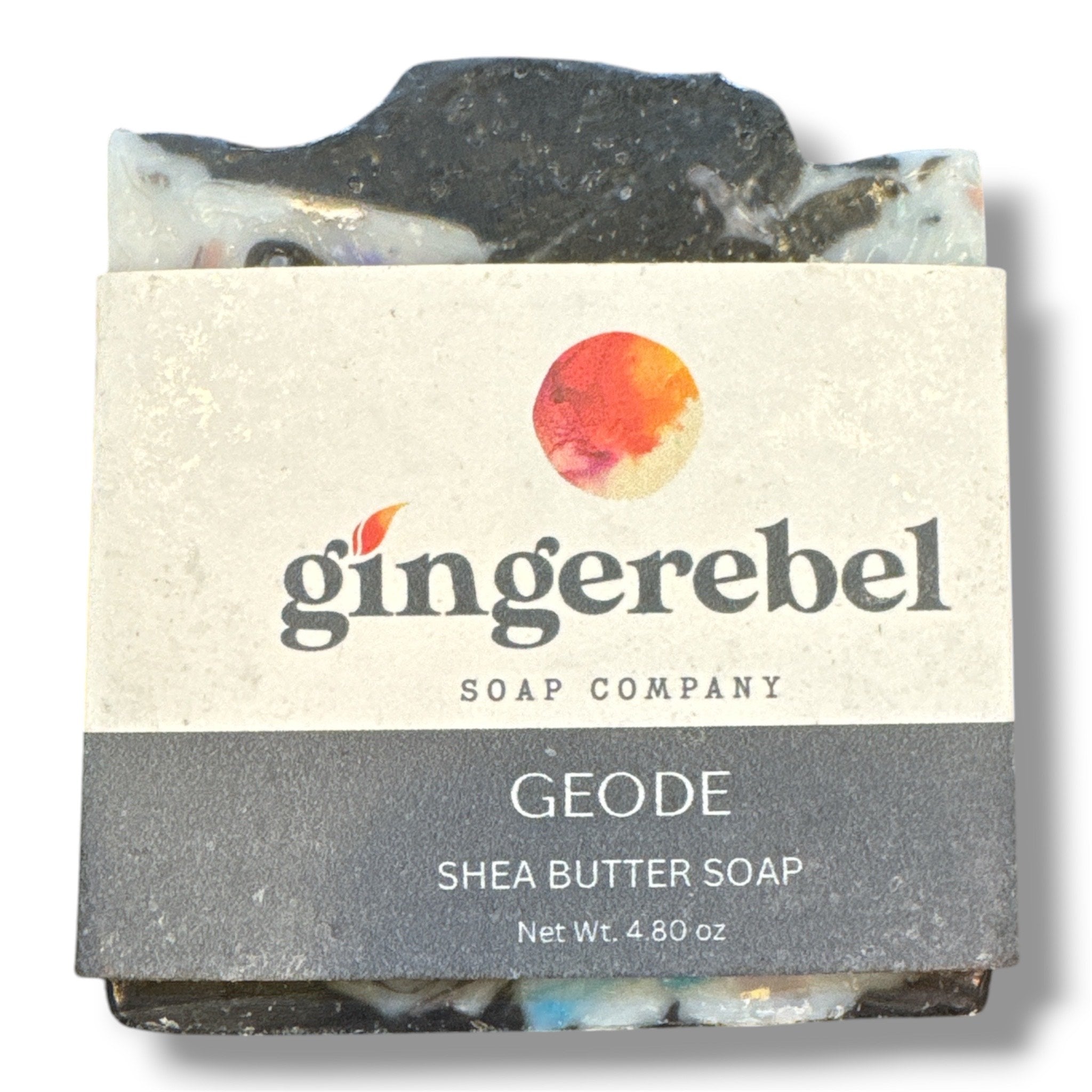Geode Bar soap with gingerebel branding on a white background. 