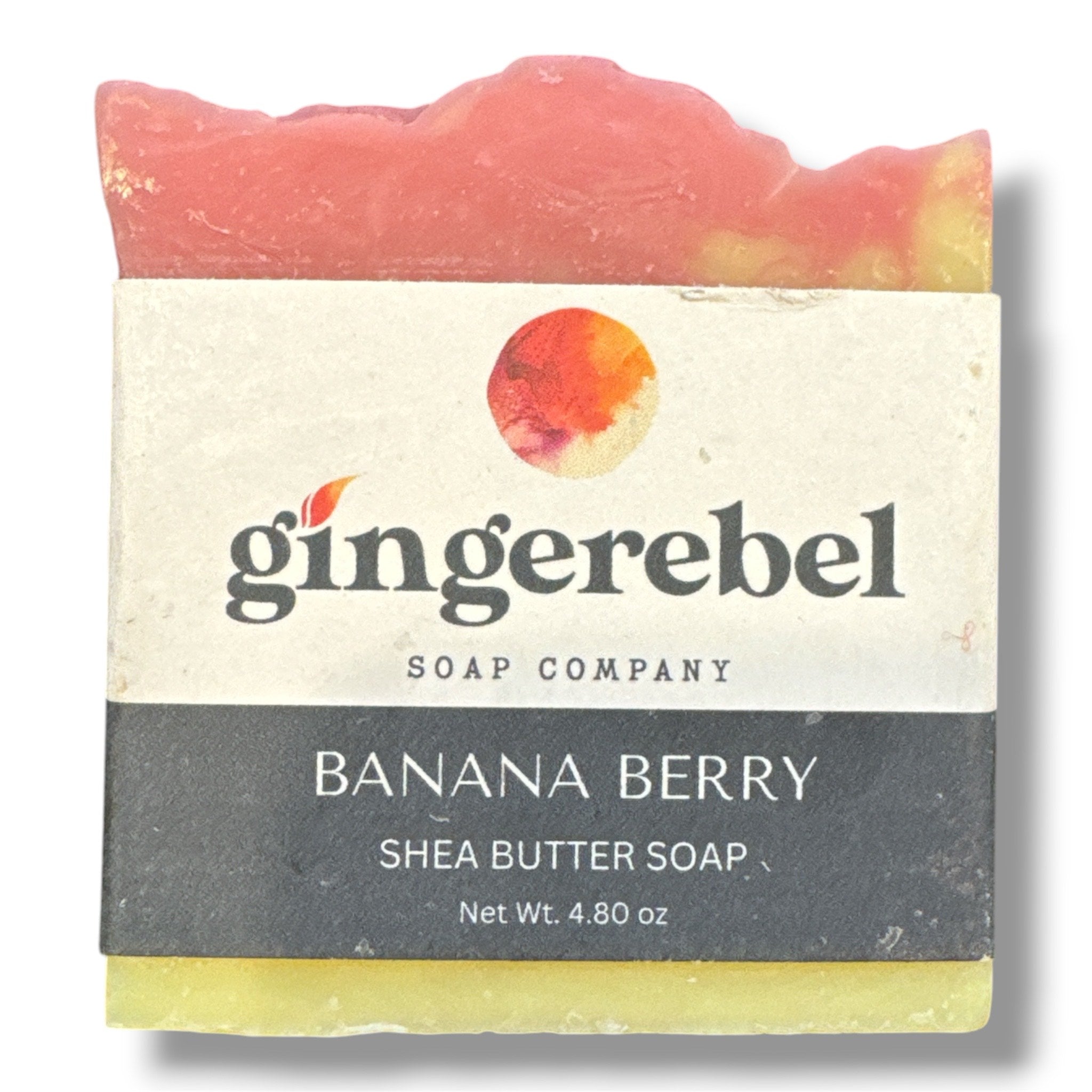 Bar of soap with 'gingerebel' branding and 'Banana Berry' description on a white background