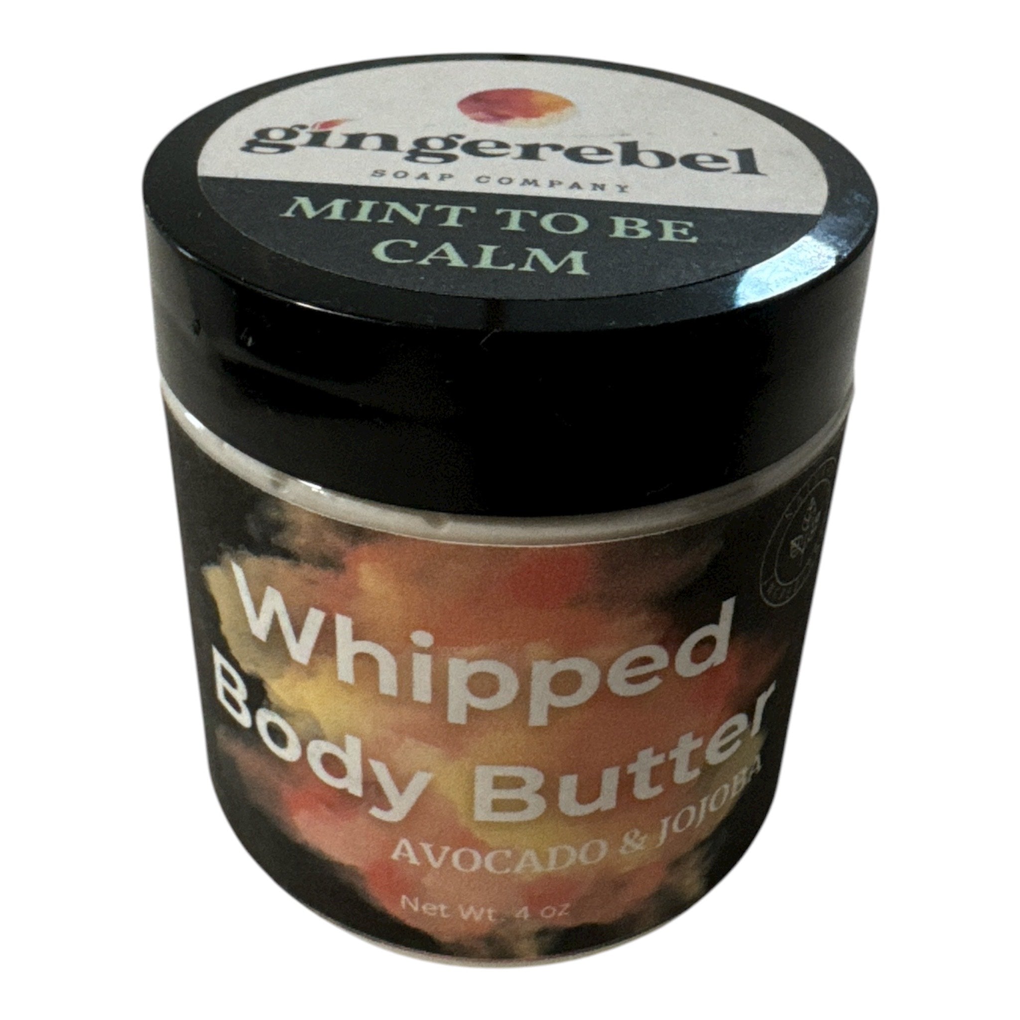 Jar of Mint to be Calm whipped body butter with 'gingerebel' branding on a white background