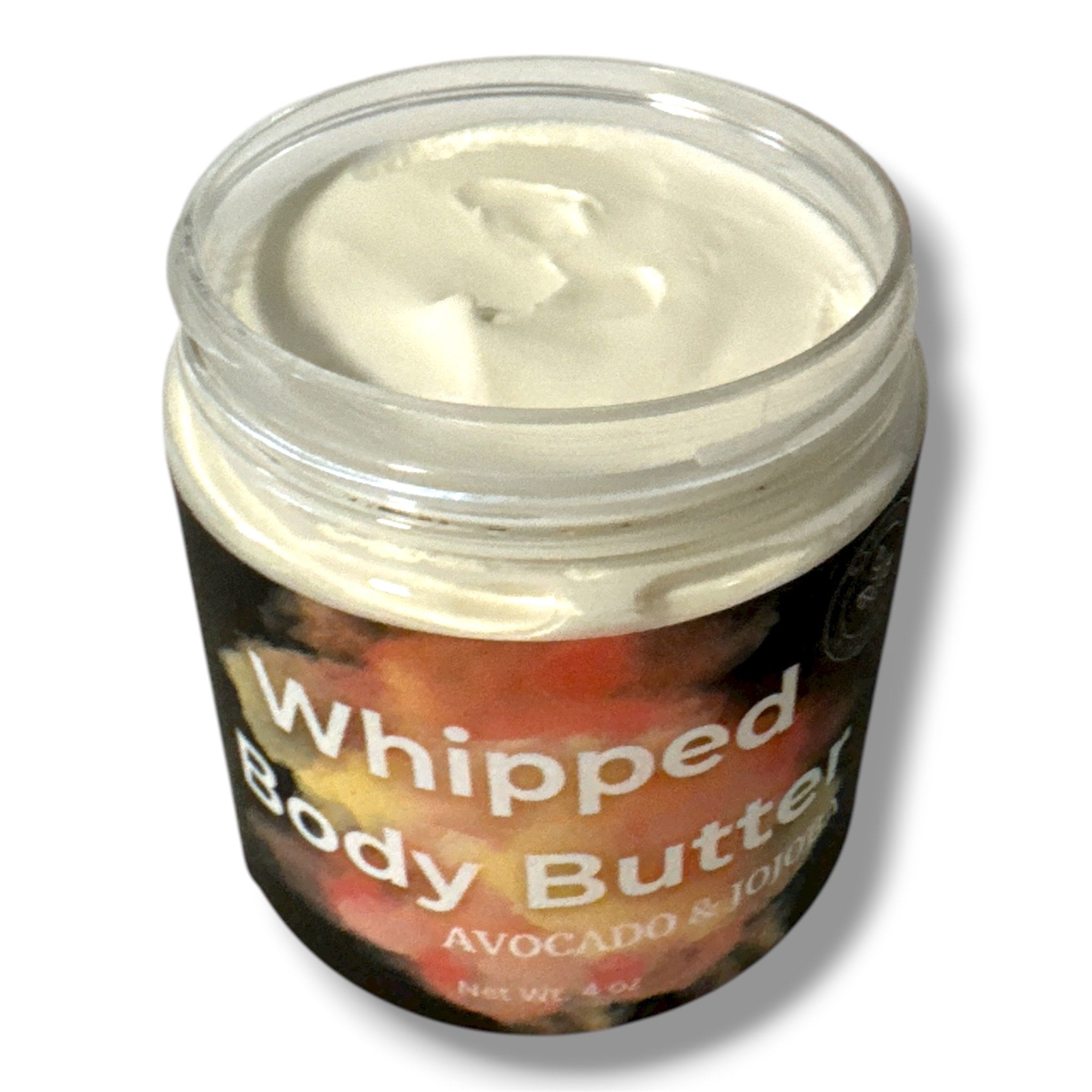 Jar of whipped body butter with visible brand name on a white background