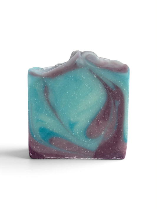 a bar of soap with blue and purple swirls. 