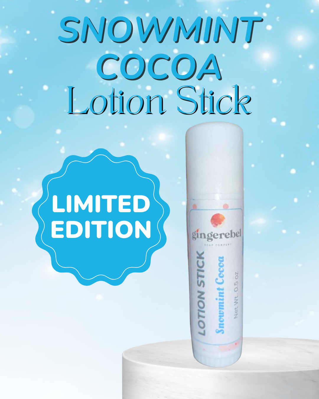 Snowmint Cocoa Lotion Stick by Gingerebel on a blue background with snowflakes.