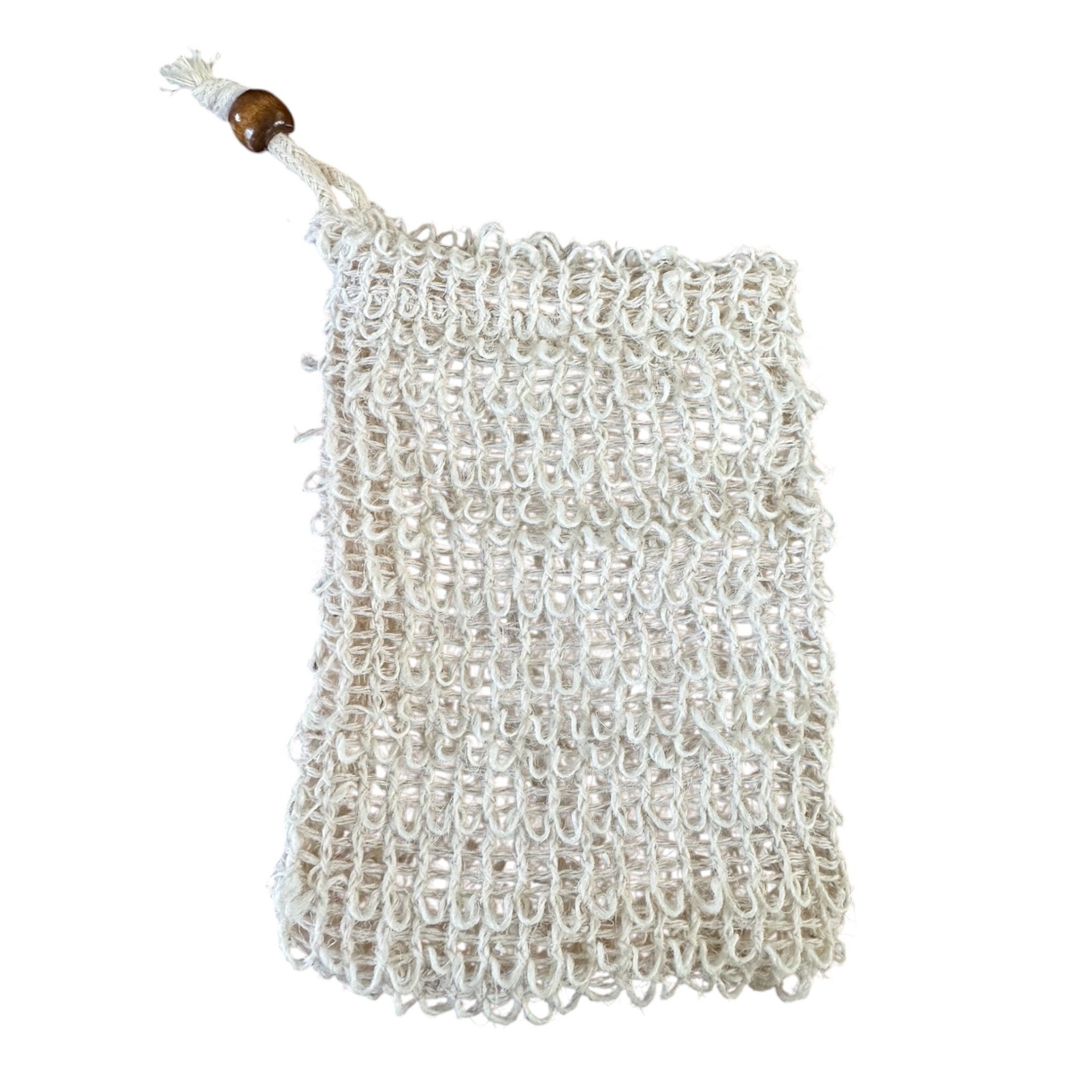 A white sisal soap saver bag with a loop for hanging, displayed against a white background.